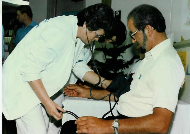 Cheryl Killinger checking blood pressures at the Welsh Mountain Medical Center... 5/30/87